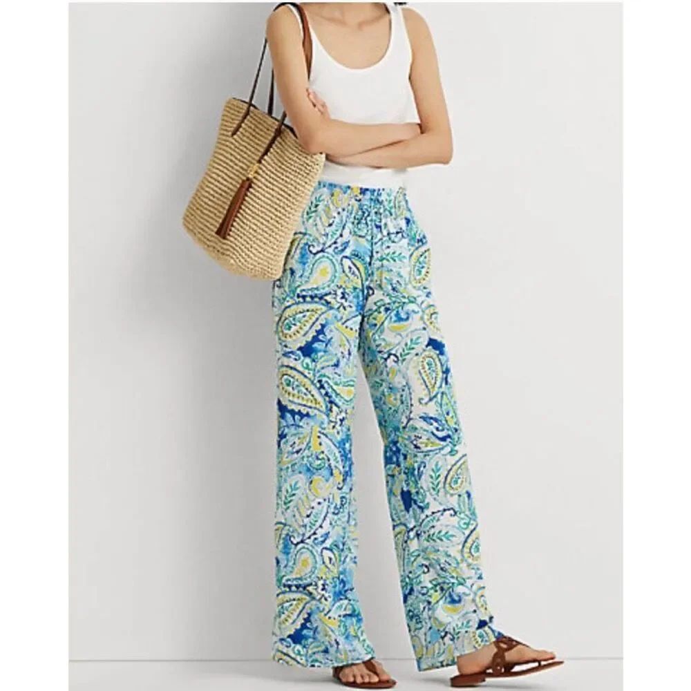 Lauren Ralph Lauren blue white and yellow paisley wide leg pants - M